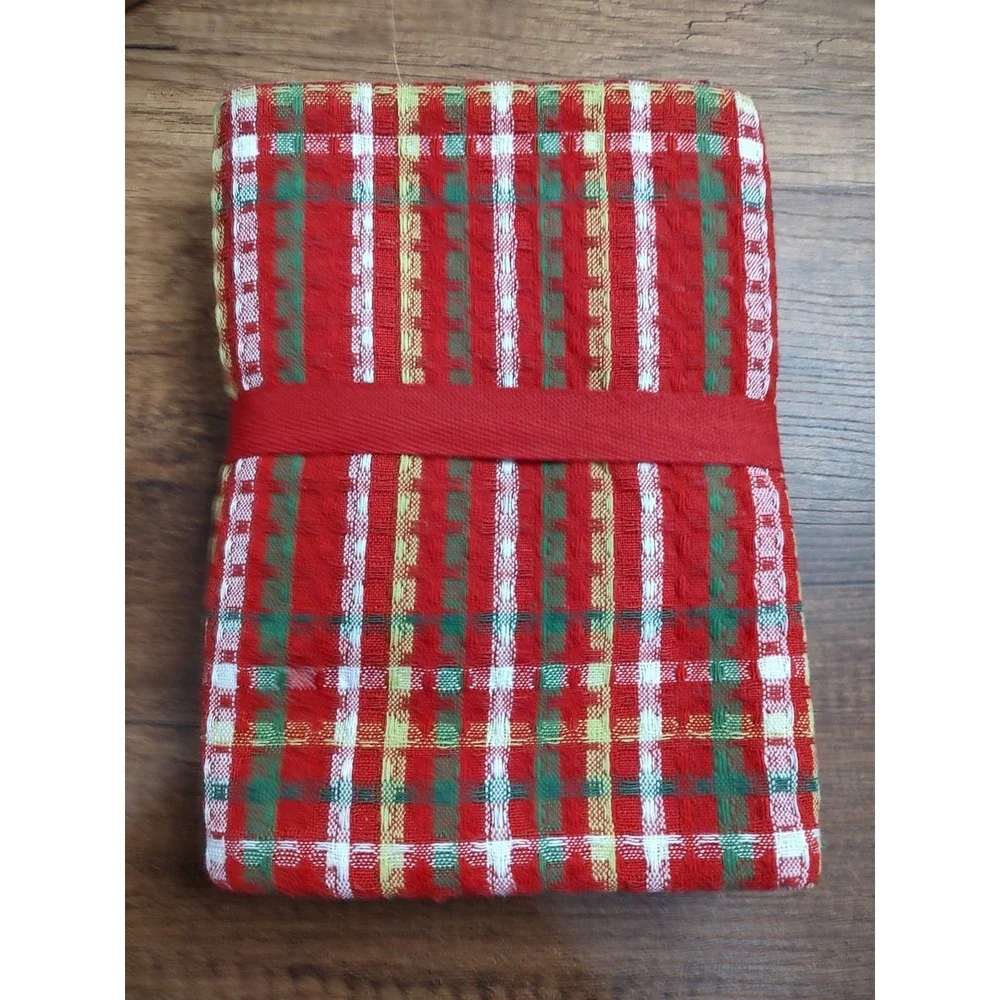 Set of Three Tag Christmas Holiday Kitchen Hand TowelsChristmas Plaid Stripes